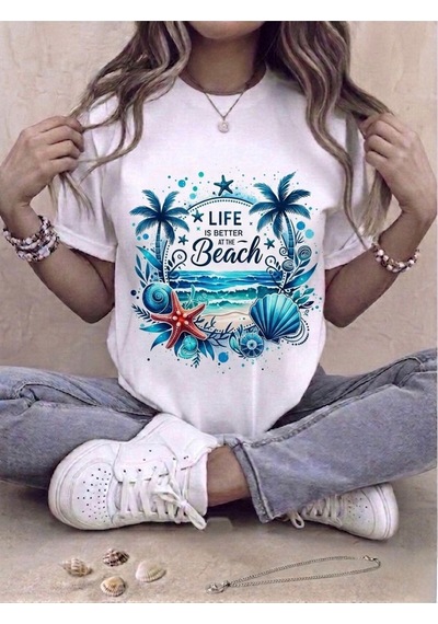 Lıfe Beach Baskılı Oversize Kompak T-shirt Beyaz