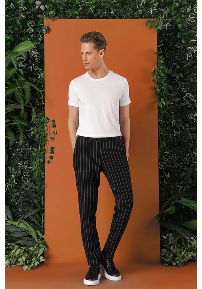 Efor Comfort Fit Yandan Tokalı Çizgili Keten Casual Siyah Pantolon P 1151 Siyah