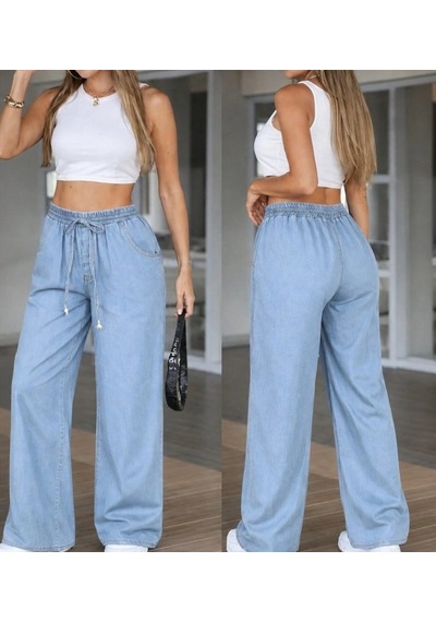 Defymoda Kadın Yüksek Bel Lastikli Bağcıklı Kot Pantolon Mavi