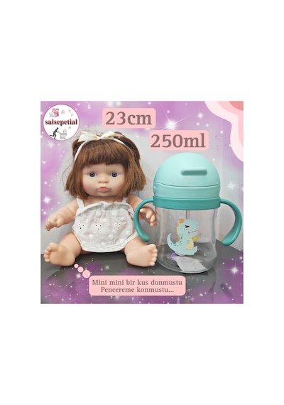 Türkçe Konuşan Şarkı Söyleyen 23cm Et Bebek 250ml Figürlü Pipetli Bebek Matara Biberon 2'li Set Yeşil