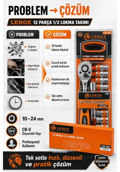 12 Parça 1/2" Lokma Takımı Cr-v Çelik Cırcırlı Kol Oto, Motosiklet Ve Ev Tamiri İçin Profesyonel