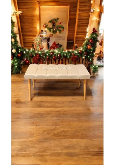 Ahşap Ayaklı Handmade Geniş Oturum Alanlı Krem Düz Kumaş Pofidik Puf Bench ,ayak Ucu Uzatmalık Krem Düz Kumaş