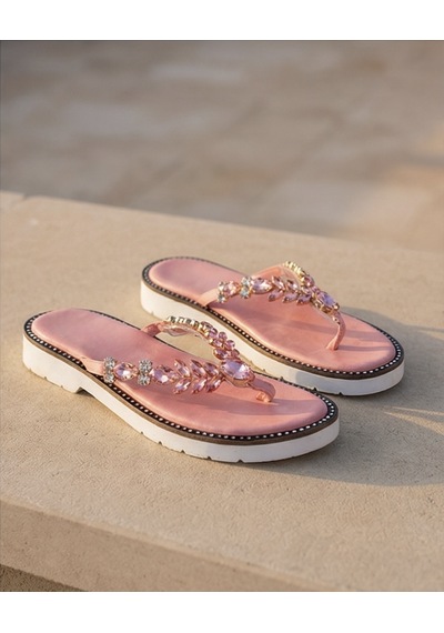 Futsishoes Odette Pembe Hakiki Deri Taş İşlemeli Parmak Arası Kadın Terlik