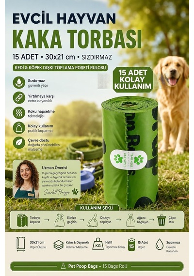 Evcil Hayvan Kaka Torbası 15 Adet 30x21 Cm Sızdırmaz Kedi Köpek Dışkı Toplama Poşeti Rulosu 713383