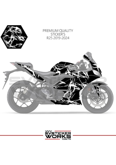 Yamaha R25 2019-2024 Kaplama Sticker Şimşek Yıldırım Motor Kaplama Modeli Hazır Kit 2019 / 2023 Uyumlu Beyaz