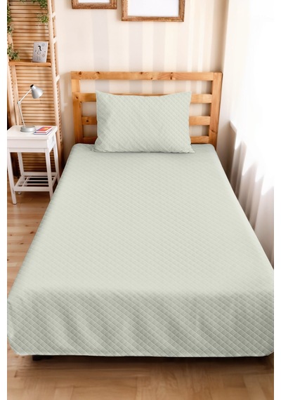 Mint Minimal Genç Odası Tek Kişilik Pike Takımı - Kapitone Açık Yeşil 160x220 Cm Yatak Örtüsü Puslu Kahve Tonu
