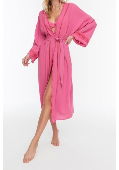 Ersefa Moda Dokuma Regular Kalıp Uzun V Yaka Standart Kol Crinkle Basic Pembe