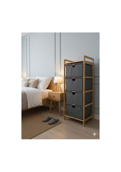 Bambu 4 Katlı Kumaş Sepetli Organizer Bambu