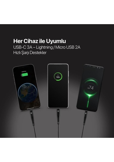By Ttec Trio Şarj Kablosu Usb-a - Usb-c/lightning İle Uyumlu/micro Usb 150cm - Siyah 2 Yıl Ttec Garantilidir