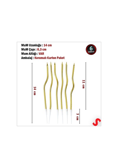 Altın Metalik Krom Renkli Spiral Pasta Mumu 14 Cm - 6 Adet