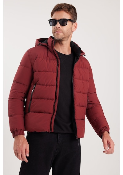Tudors Erkek Relax Fit Rahat Kesim Çift Cepli Çıkarılabilir Kapüşonlu Sıcak Tutan Bordo Şişme Mont-41930 Bordo