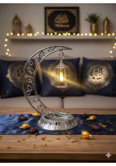 Dekoratif 28 Cm Hilal Parlak Gümüş Ramazan Led Lamba 10 Cm Kancalı Set Diğer