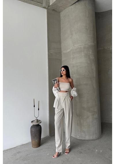 Defymoda Tasarım Pantolon - Bej Bej