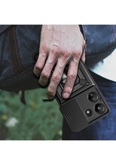 Xiaomi Poco C65 Kılıf Magnetik Standlı Kamera Korumalı Zore Sürgülü Vega Kapak Mavi