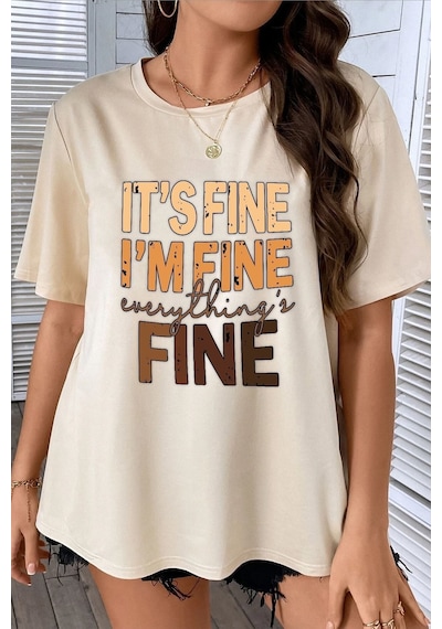 Unisex Fine Baskılı Kısa Kol T-shirt Bej