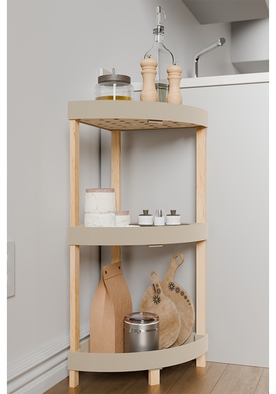 Bienwood Bıe-7208 Ahşap 3 Katlı Raf - Krem Masif Ahşap & Plastik, Vidasız Kurulum, 31x31x79 Cm Bej