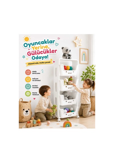 4 Katlı Oyuncak Dolabı, Oyuncak Organizeri, Sepetli Oyuncak Dolabı Beyaz Beyaz 4 Katlı Oyuncak Dolabı, Oyuncak Organizeri, Sepetli Oyuncak Dolabı Beyaz Beyaz