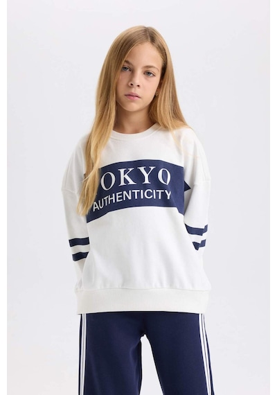 DeFacto Kız Çocuk Oversize Geniş Kalıp Bisiklet Yaka Baskılı Sweatshirt D3806A824WNNV241 Lacivert
