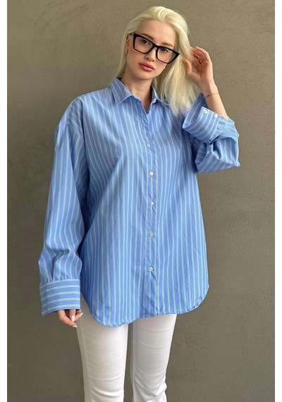 Madmext Mavi Çizgili Regular Kesim Kadın Gömlek Mg2610 Mavi