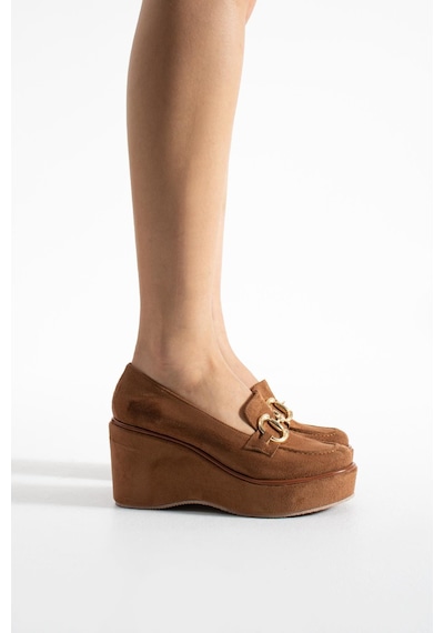 Zenne Shoes Dolgu Topuklu Tokalı Kadın Ayakkabı Taba