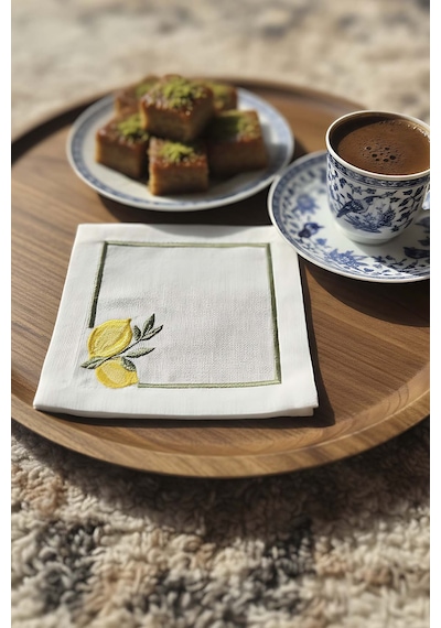 Rivaistanbul Limon Nakışlı 4'lü Sunumluk Peçete, Kokteyl Peçetesi, Kahve Yanı Sunumluk, Bardak Altlığı Sarı