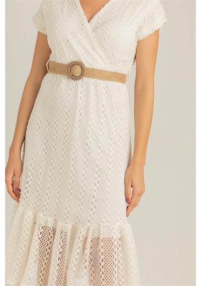 Neşeli Butik Kadın Ekru Hasır Kemerli Dantel Elbise Dk0001 Ekru