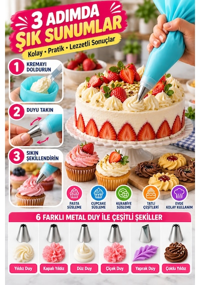 8 Parça Silikon Krema Sıkma Torbası Seti 6 Metal Duy Başlıklı Pasta Kek Cupcake Süsleme Aparatı Seti Çok Renkli