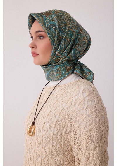 Belli Etnik Desen %100 Twill İpek Eşarp Be04 Haki Yeşil