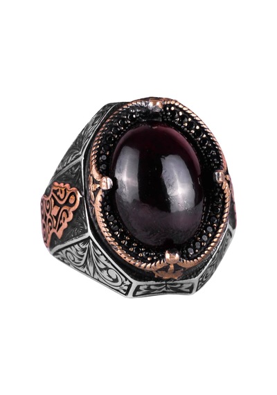 Gerçek Doğal Cabochon Granat Taşlı Yüzük - Derin 925k Katı Gümüş Erkek Yüzüğü Gümüş
