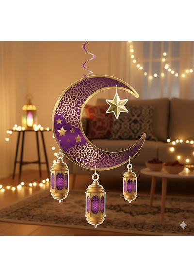 90x30 Cm Ramazan Süs Sarkıt - Ayyıldız Kandil Tavan Süsü Mor