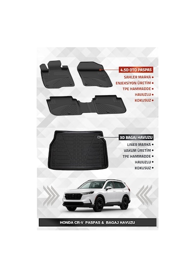 Sahler Honda Cr-v 2024+ Uyumlu 4.5d Premium Havuzlu Oto Paspas Ve Liner Marka 3d Bagaj Havuzu