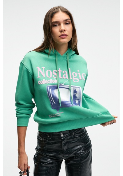 Grimelange SLOPANE Kadın Rahat Kesim Kapüşonlu Baskılı Yeşil Sweatshirt