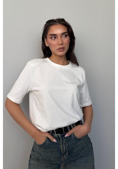 Madmext Beyaz %100 Pamuk Vatkalı Oversize Kadın T-shirt Mg2442 Beyaz