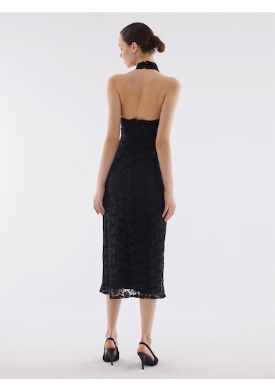 Markapia Dantel Halter Yaka Siyah Elbise Standart