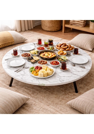 70 Cm Çap - Ahşap Kaplama Katlanabilir Yer Sofrası - Oyun Masası - 21 Cm Yükseklik Beyaz Mermer 70 Cm Çap - Ahşap Kaplama Katlanabilir Yer Sofrası - Oyun Masası - 21 Cm Yükseklik Beyaz Mermer