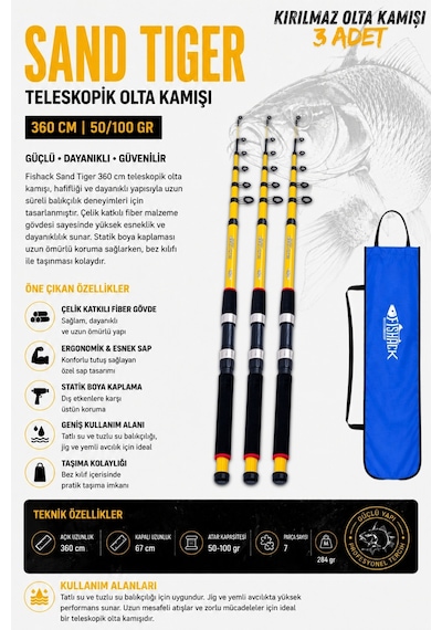 Full Set Profesyonel 3'lü Sazan Olta Seti - Xl - Kırılmaz Kamış - 3.60m/50gr
