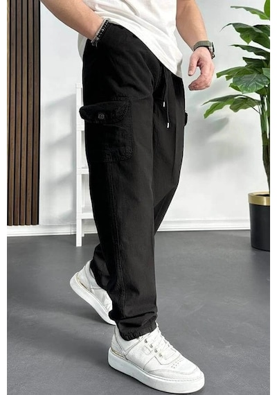 Edwox Erkek Baggy Kalıp Kargo Cepli Pantolon Siyah Edw131