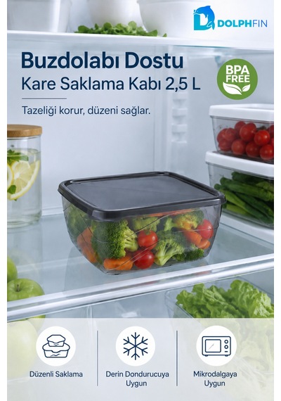 Kare Saklama Kabı 2,5 Litre 21x21x8,5 Cm Füme Şeffaf Siyah Kapaklı Bpa İçermez