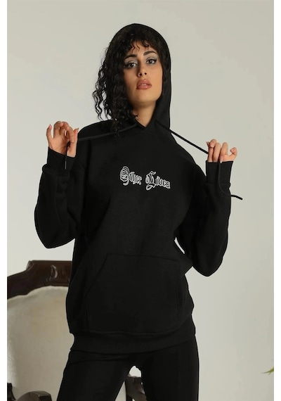 Oversizekapüşonlu Sweatshirt Other Lives Ön Ve Arka Baskılı,siiyah - Siyah