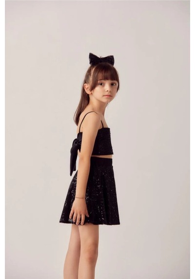 Miço Kids Pul Payet Kız Çocuk Abiye Takım Etek Crop Siyah