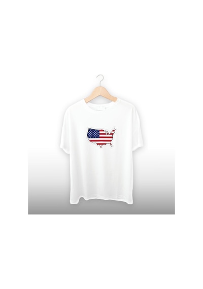 Amerika Bayrağı Detaylı Unisex Tişört Beyaz