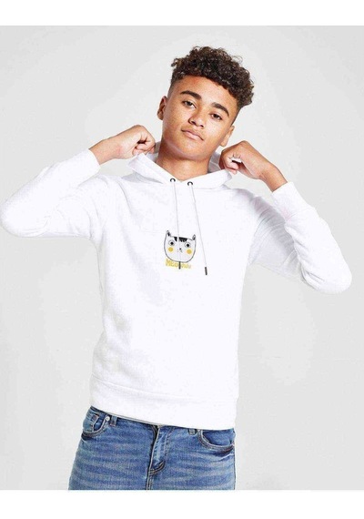Tshirthane Meoww Kedicik Baskılı Unisex Çocuk Kapüşonlu Beyaz Sweatshirt Beyaz