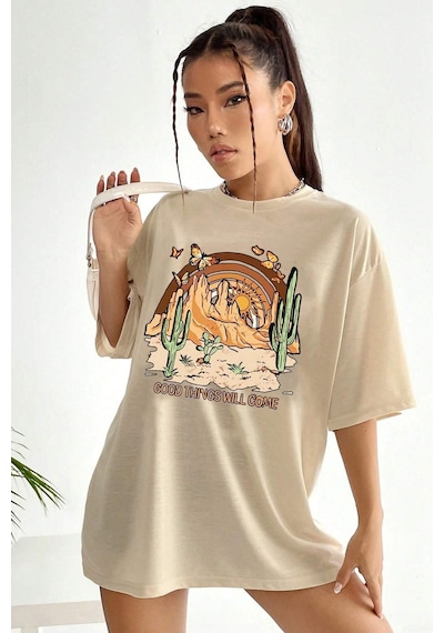Uyguntarz Unisex Good Things Will Come Baskılı Tasarım Tshirt Bej