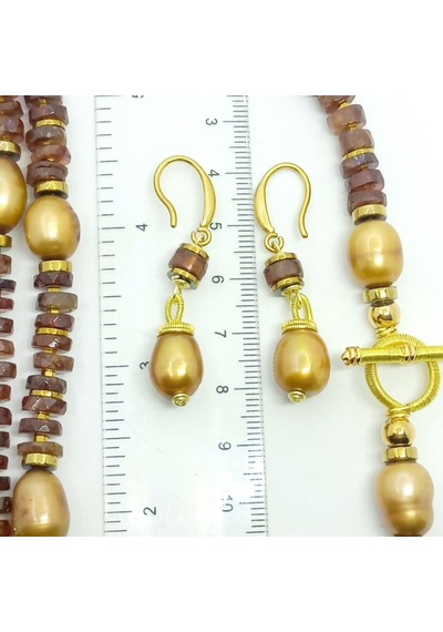 2629 Doğal İnci Hossanite Garnet Hematit El Yapımı Küpe Açık Gold