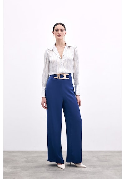 Sateen Bel Kemerli Saten Krep Pantolon - Lacivert-135973 Lacivert