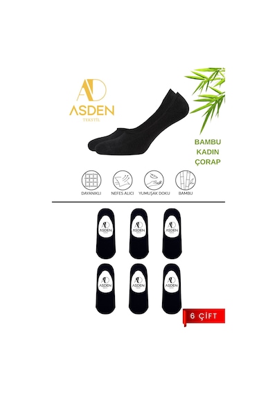 Asden Bambu Kadın Babet Siyah 6'lı Paket, Dikişsiz, Kaydırmaz Silikonlu Topuk 6 Çift Siyah