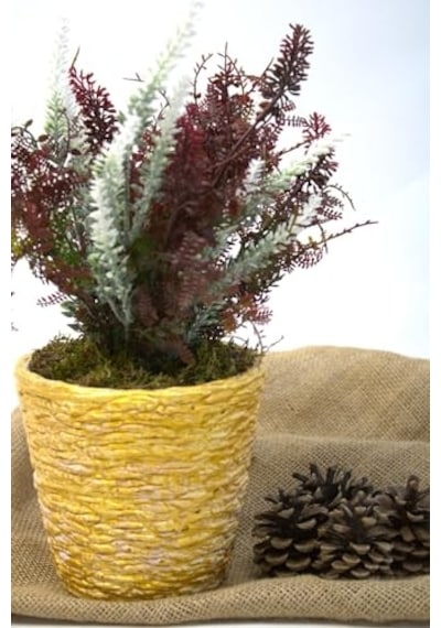 Yapay Çiçek, 7 Dallı Yeşillik Demeti, Bordo, Sarı Beton Saksı, 30 Cm Yükseklik, Masa Ofis Ev Dekoru Diğer