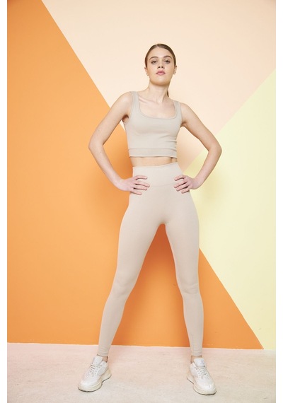 Thıff Gymwear Haki Yüksek Bel Fitilli Toparlayıcı Interlok Örme Spor Dar Paça Kadın Tayt Bej