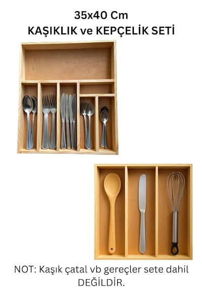 35x40 Cm Çok Bölmeli Ahşap Kaşıklık Ve Kepçelik Seti - Çekmece Düzenleyici- Ahşap Organizer