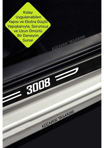 3008 Yazılı Peugeot 3008 Kapı Eşiği Koruyucu Siyah Karbon Üzeri Beyaz Yazı Dekoratif 4 Parça Peugeot 3008